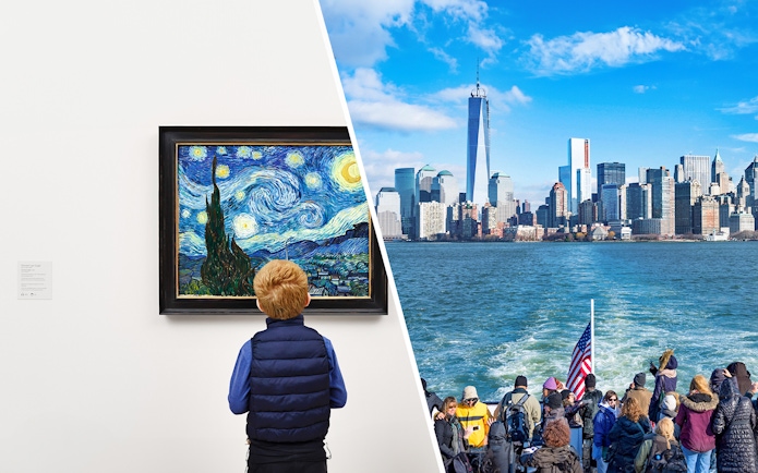 Child viewing Van Gogh's "Starry Night" at MoMA; tourists on Statue of Liberty cruise with NYC skyline.