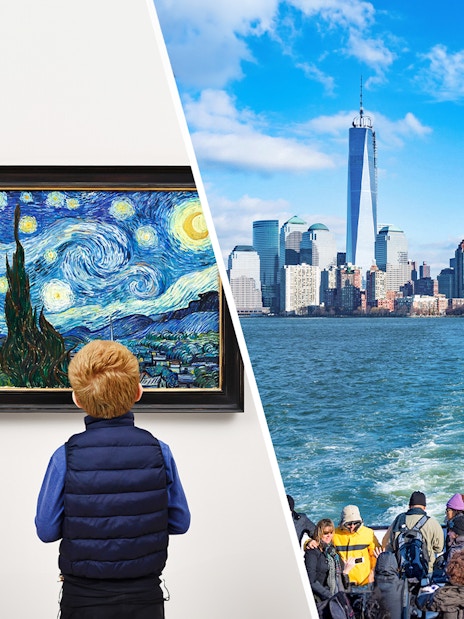 Child viewing Van Gogh's "Starry Night" at MoMA; tourists on Statue of Liberty cruise with NYC skyline.