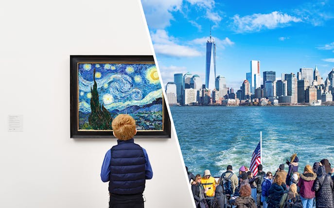 Child viewing Van Gogh's "Starry Night" at MoMA; tourists on Statue of Liberty cruise with NYC skyline.