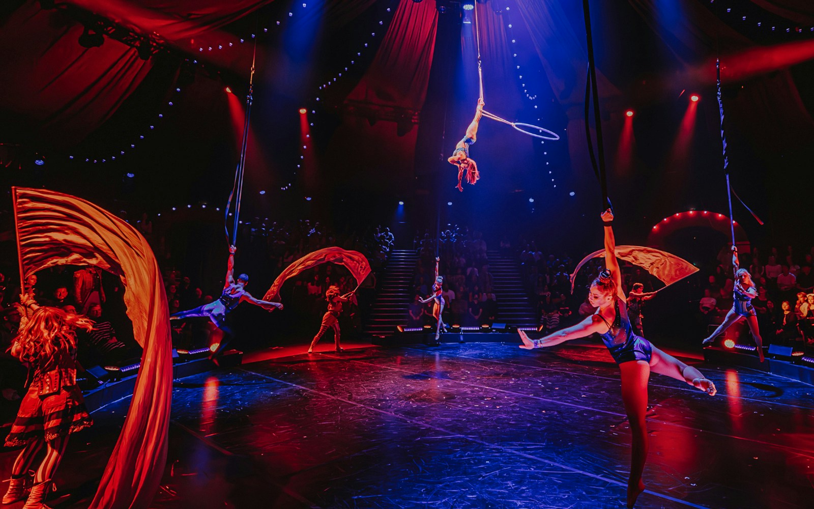 Aerial performers and acrobats in a vibrant circus show under colorful lights.