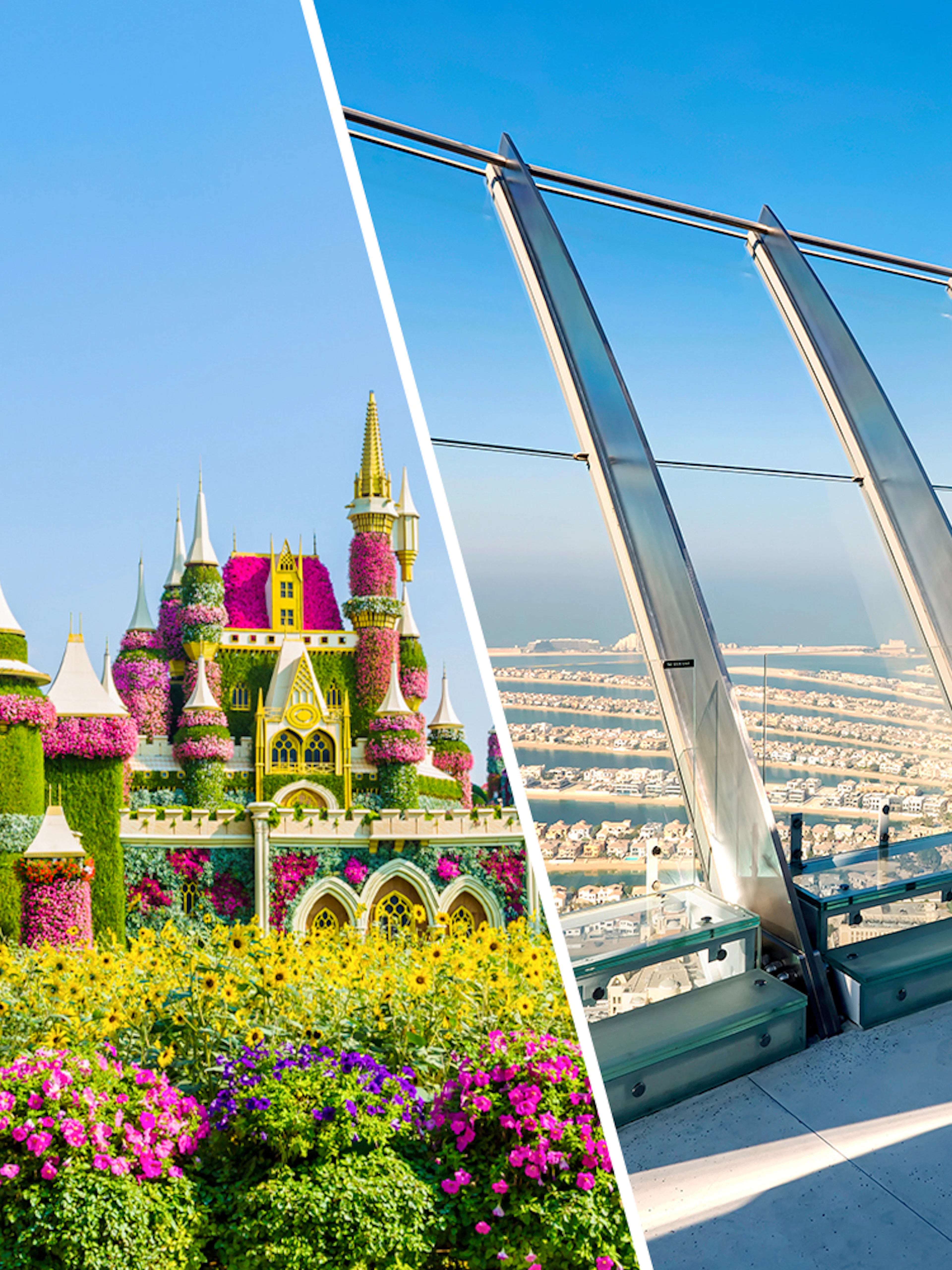 Dubai Miracle Garden floral castle and The View at The Palm observation deck.