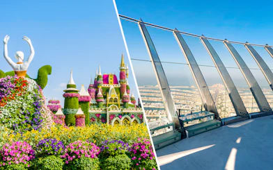 Dubai Miracle Garden floral castle and The View at The Palm observation deck.