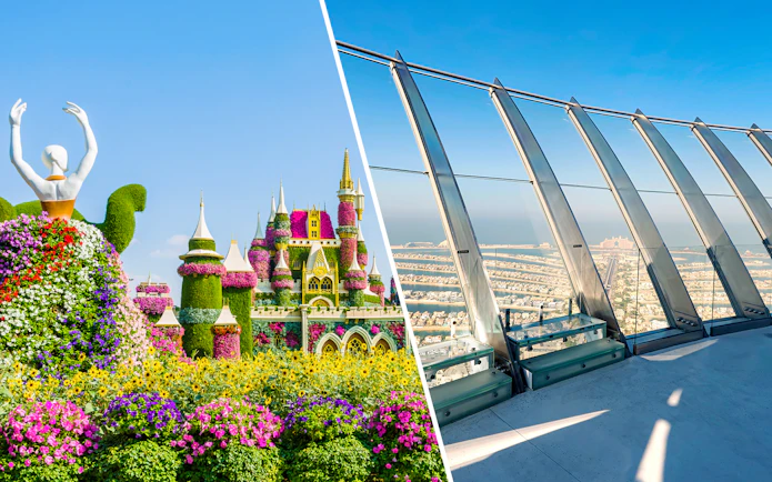 Dubai Miracle Garden floral castle and The View at The Palm observation deck.