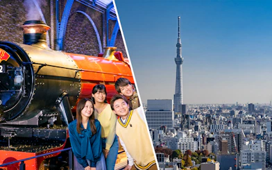 Group taking selfie in front of Hogwarts Express at Warner Bros. Studio Tour Tokyo.
