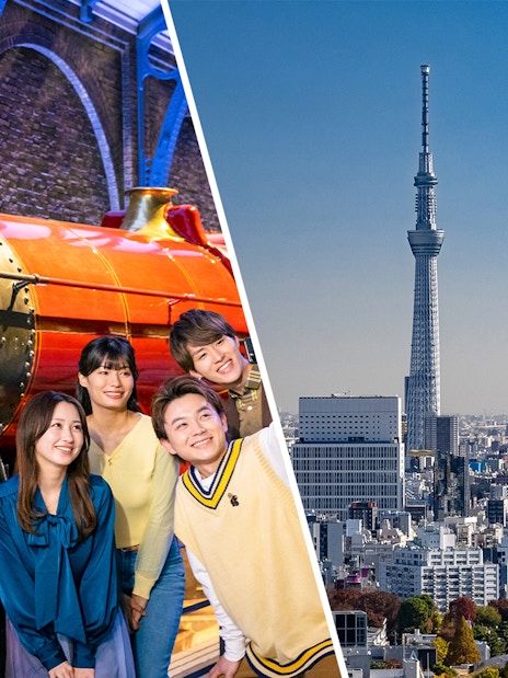 Group taking selfie in front of Hogwarts Express at Warner Bros. Studio Tour Tokyo.