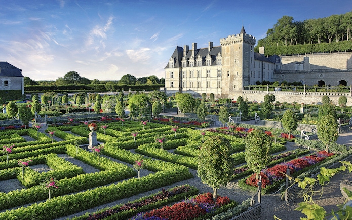 Kitchen garden with geometric hedges at Château of Villandry, France.
