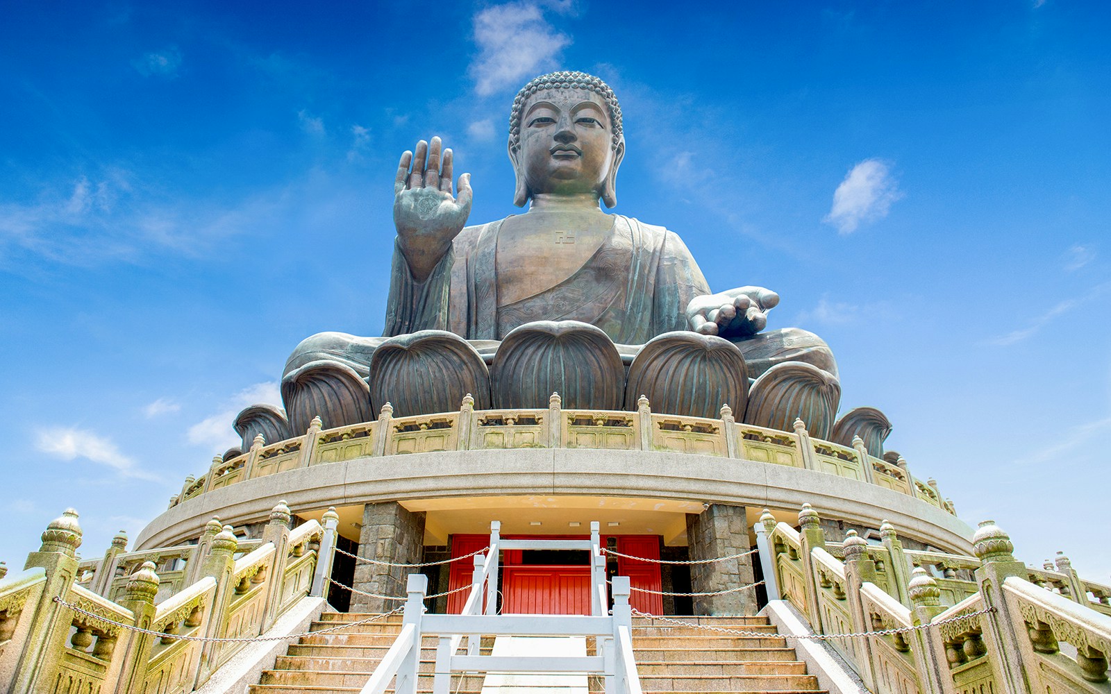 Big Buddha statue at Ngong Ping, Lantau, viewed from the stairs below.