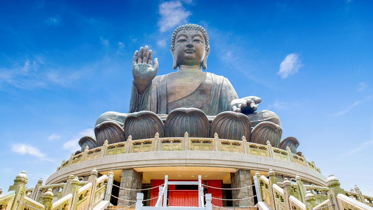 Big Buddha statue at Ngong Ping, Lantau, viewed from the stairs below.