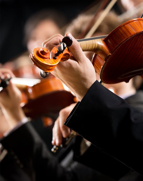 Musicians playing violins at a concert in Hofburg Vienna.