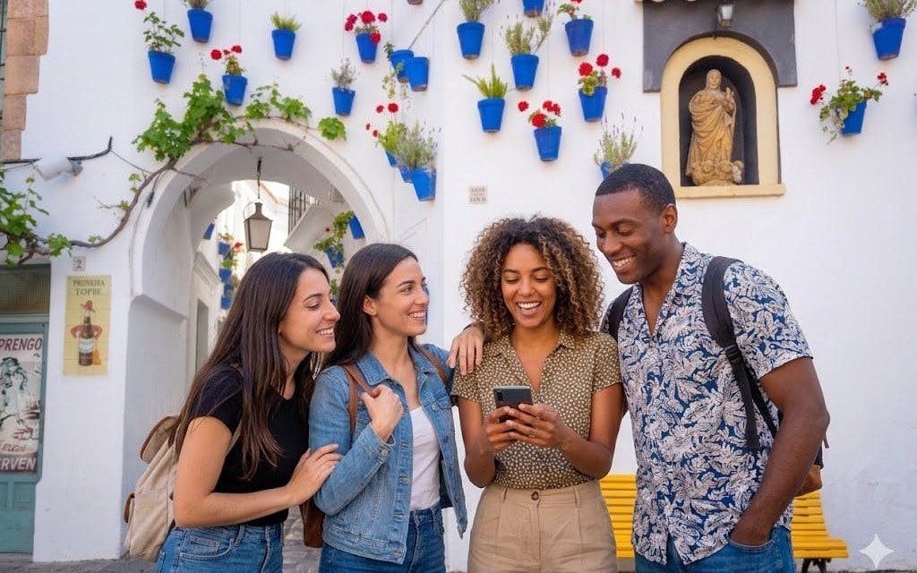 Tourists smiling at a phone in a colorful Andalusian street, Spain.
