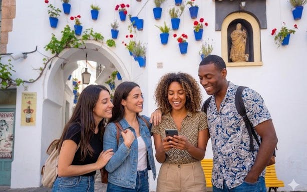 Tourists smiling at a phone in a colorful Andalusian street, Spain.