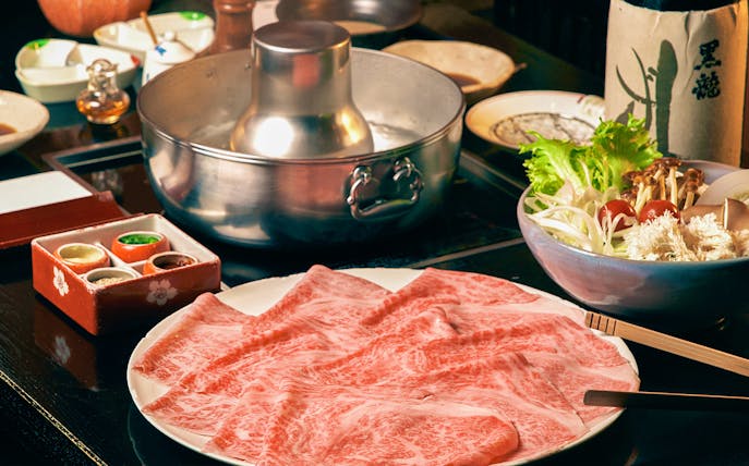 Sliced wagyu beef and fresh vegetables for a 5/6-course meal at Ginza Hanadaikon, Tokyo.