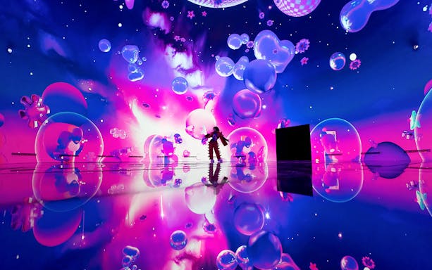 Immersive digital art installation with vibrant colors and floating shapes at House Of Hype.