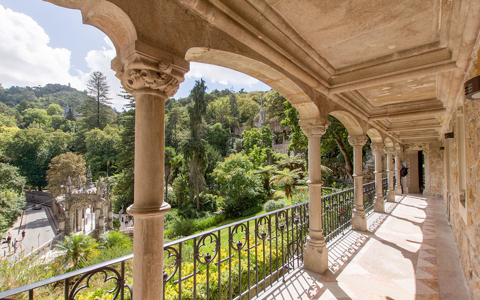 Quinta da Regaleira balcony with intricate stone carvings in Sintra, Portugal.