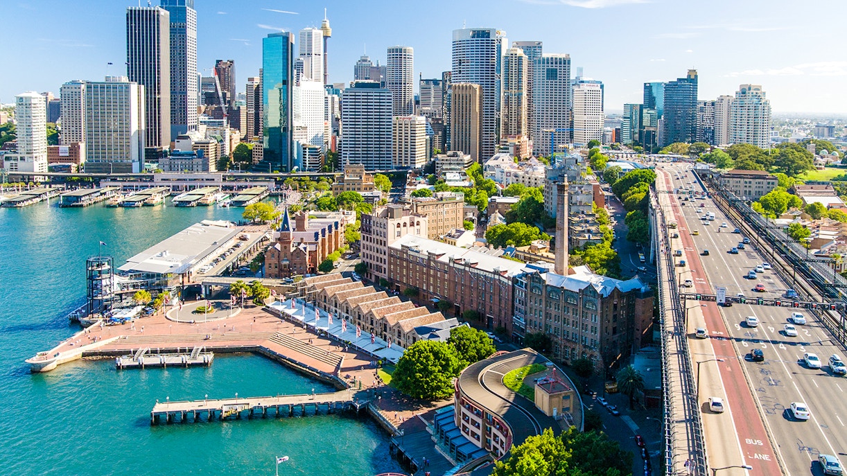 Sydney Circular Quay with harbour view and city skyline.