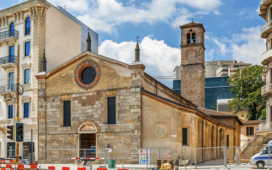 Church of S Maria degli Angioli with bell tower in Lugano, Switzerland.