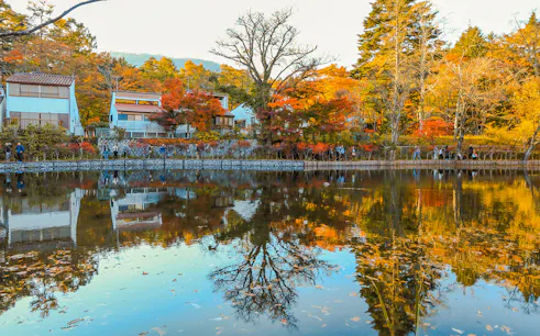 Karuizawa autumn foliage reflected in a tranquil pond near Hoshino Resorts, Japan.