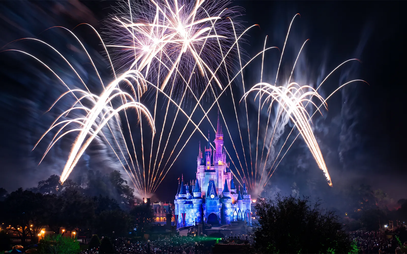 Fireworks over castle at Walt Disney Resort Orlando at night.