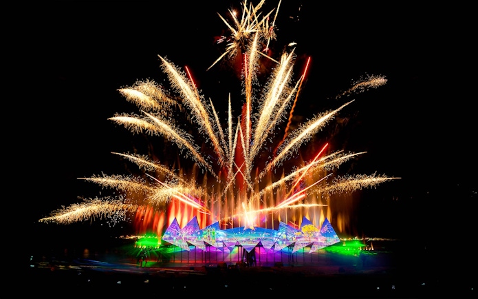 Fireworks display at Wings of Time show, Sentosa, Singapore.