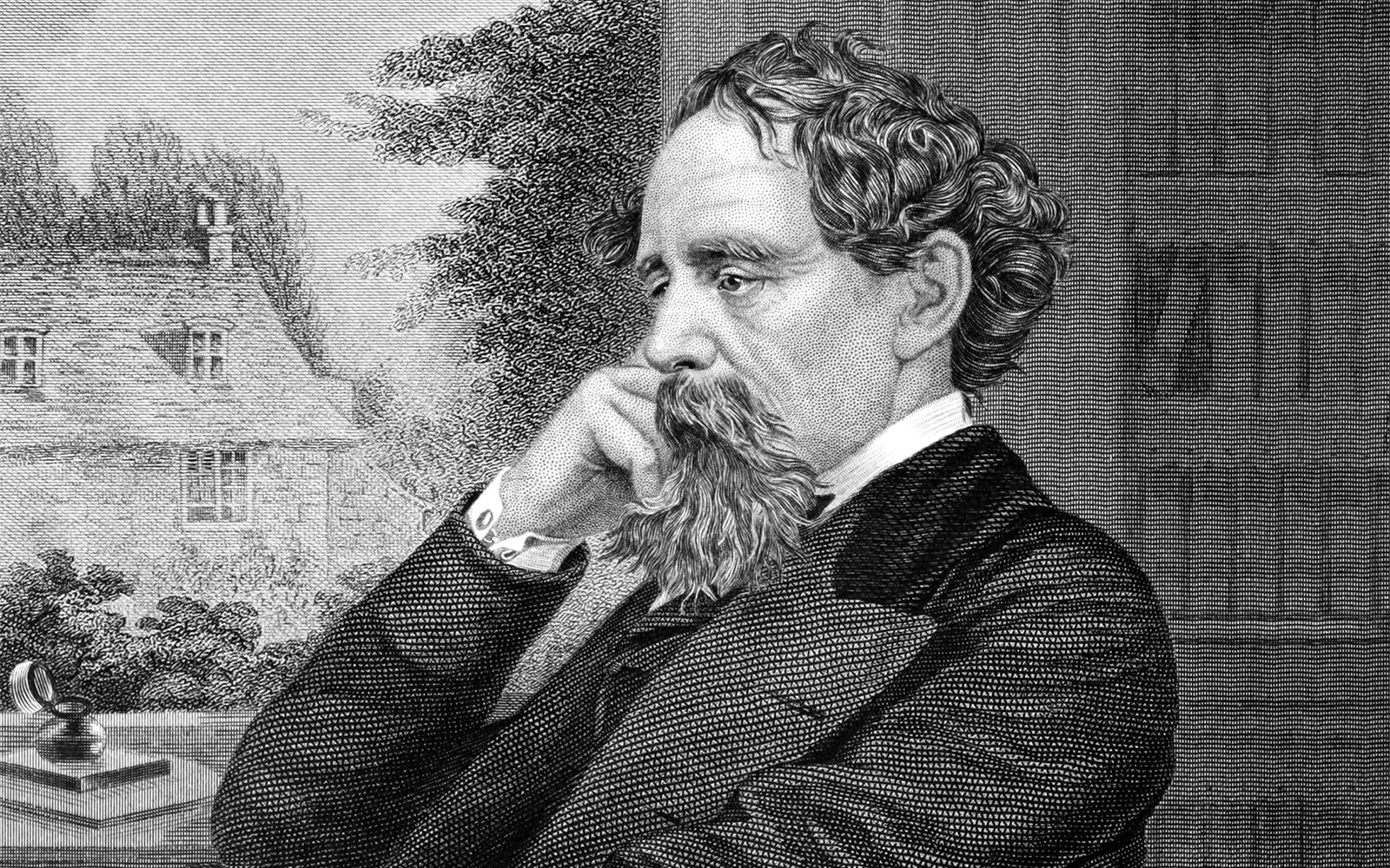 Engraving of a thoughtful man with a beard, associated with Charles Dickens.