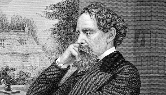 Engraving of a thoughtful man with a beard, associated with Charles Dickens.