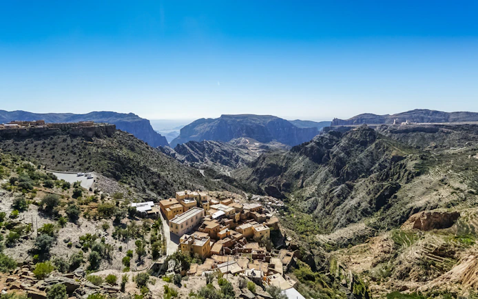 Small rural settlement in Jebel Akhdar Gorge, Al Hajar Mountains, Oman.