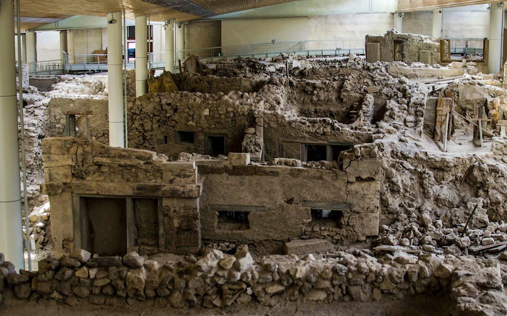 Akrotiri Archaeological Site ruins with ancient structures and excavation details.