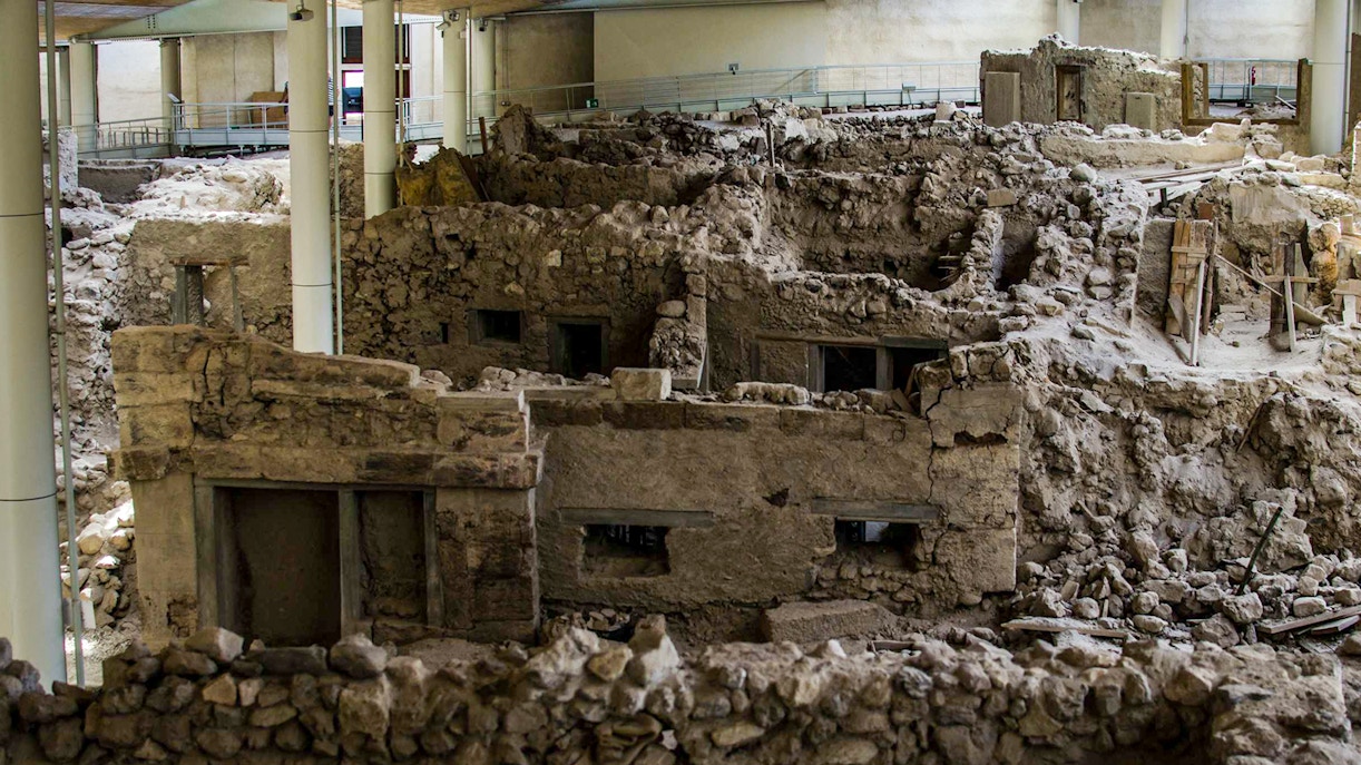 Akrotiri Archaeological Site ruins with ancient structures and excavation details.