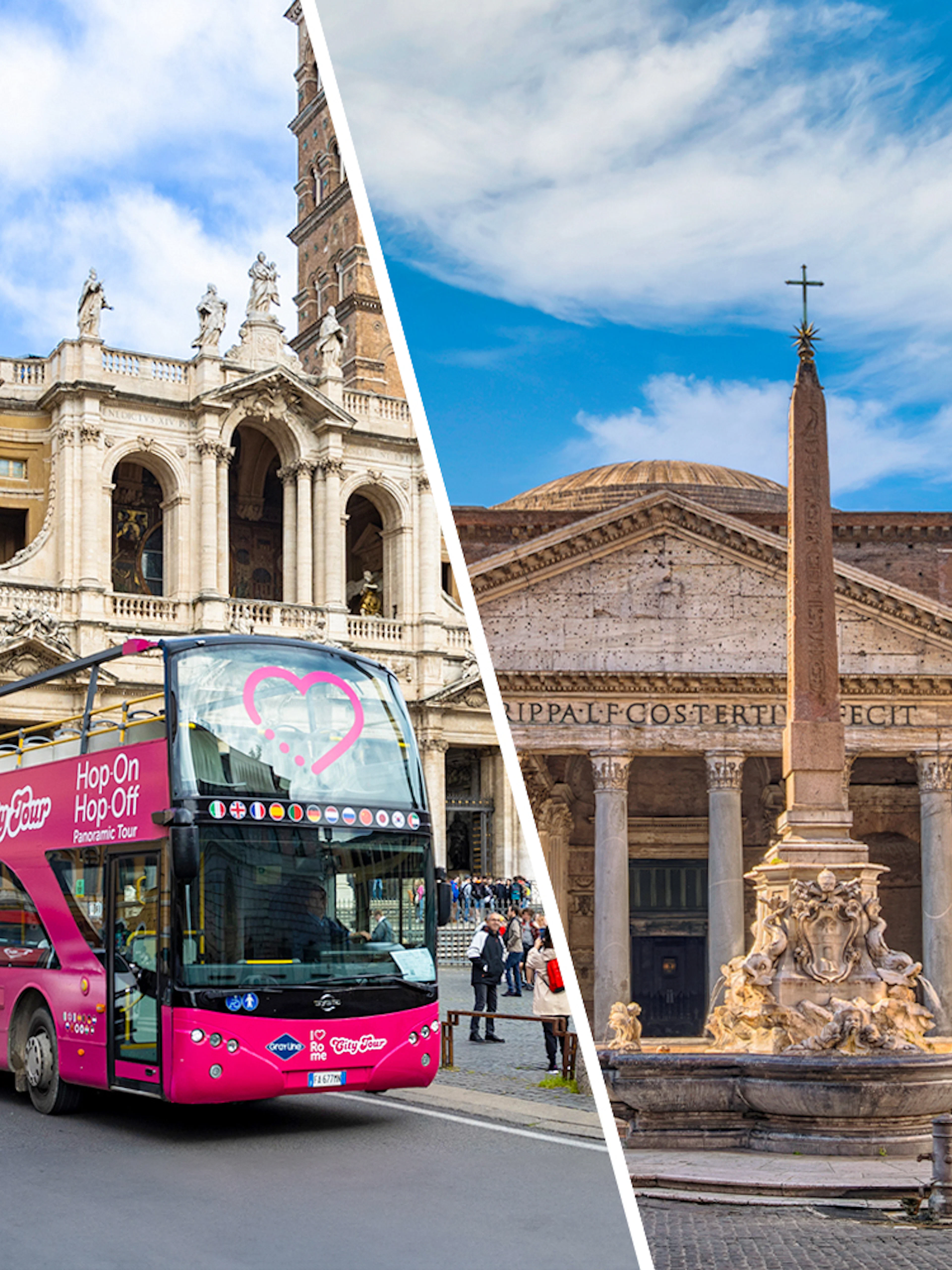 Rome Hop-On Hop-Off bus near historic building and Pantheon with obelisk in Rome, Italy.