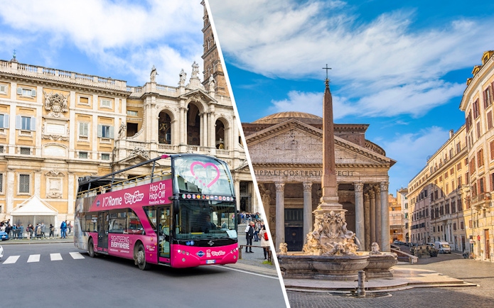 Rome Hop-On Hop-Off bus near historic building and Pantheon with obelisk in Rome, Italy.