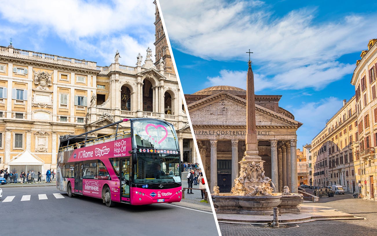 Rome Hop-On Hop-Off bus near historic building and Pantheon with obelisk in Rome, Italy.