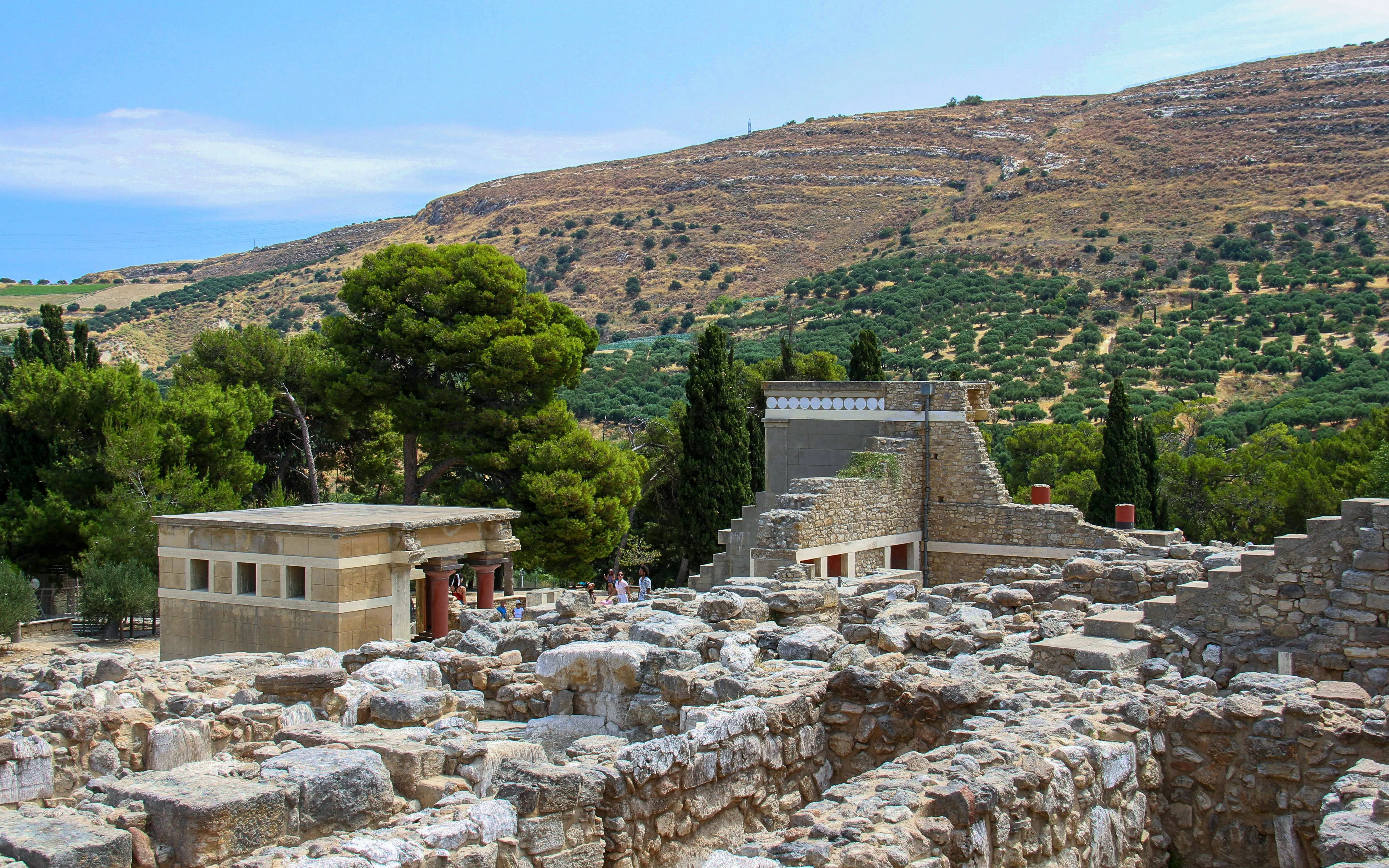 Knossos Palace ruins with surrounding landscape in Heraklion, Crete.