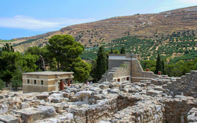 Knossos Palace ruins with surrounding landscape in Heraklion, Crete.