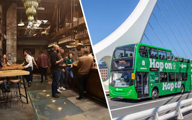 Visitors tasting whiskey at Jameson Distillery bar, Dublin; green tour bus on bridge.