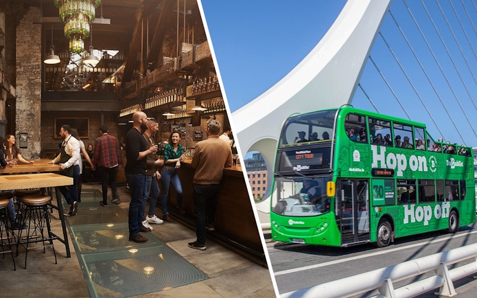 Visitors tasting whiskey at Jameson Distillery bar, Dublin; green tour bus on bridge.