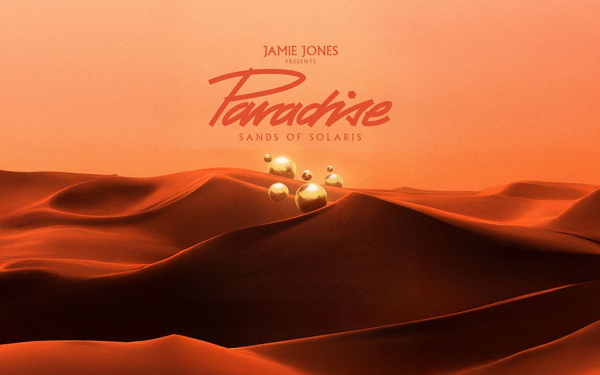 Jamie Jones presents Paradise Sands of Solaris with golden spheres on desert dunes.