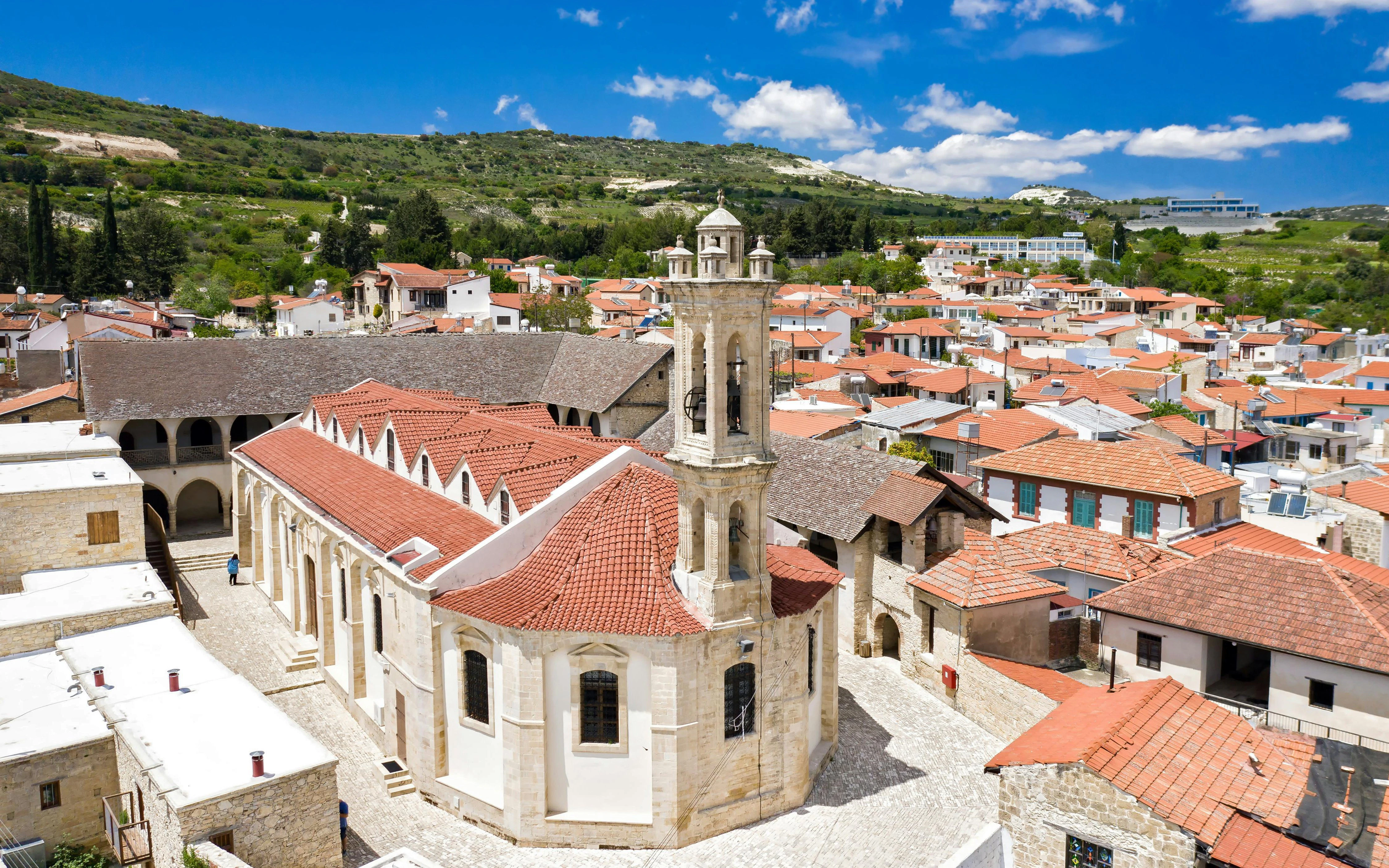 Omodos Village with Timios Stavros Monastery in Limassol District, Cyprus.