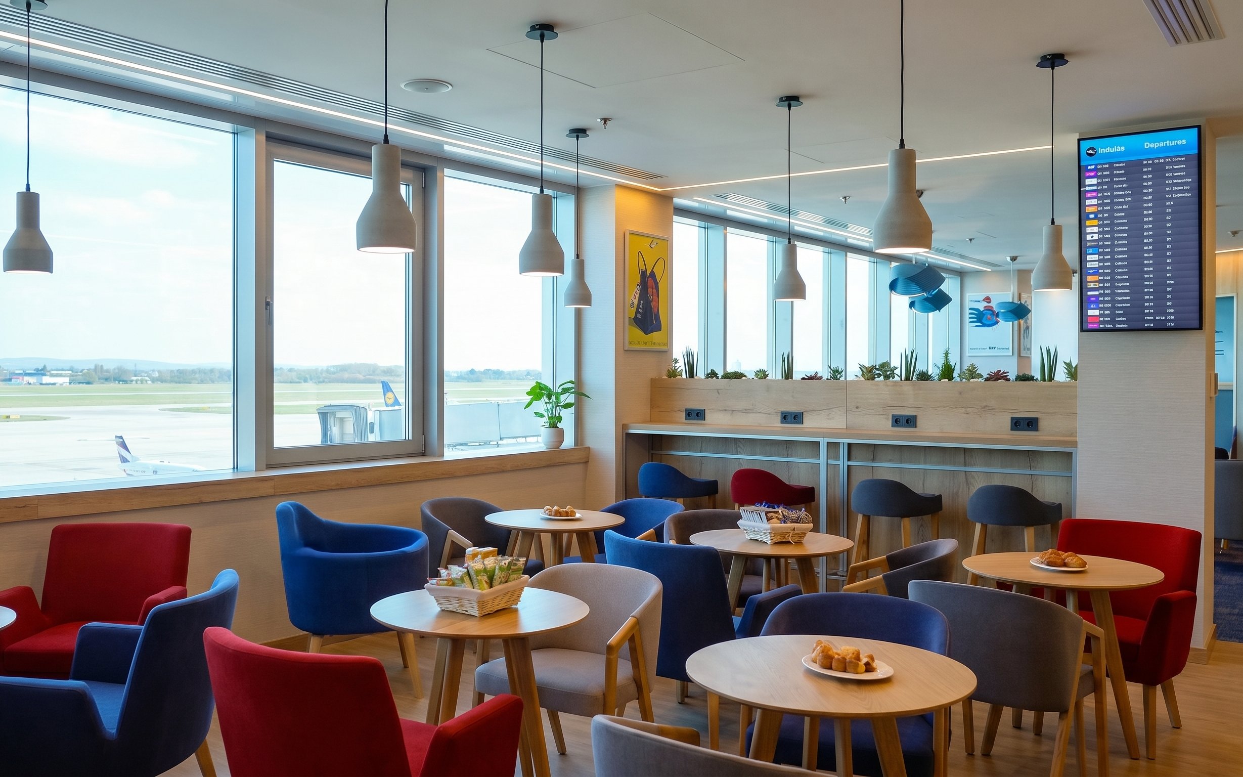 Seating area in Plaza Premium Lounge, Budapest Airport Terminal 2B, with runway view.