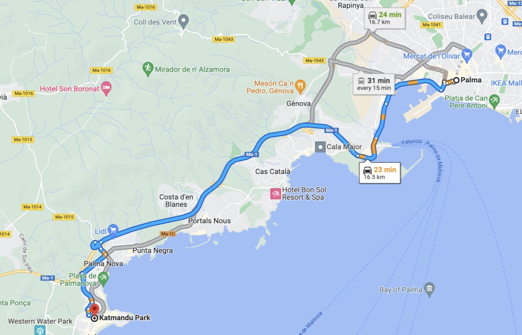 Katmandu Park by driving down from Palma