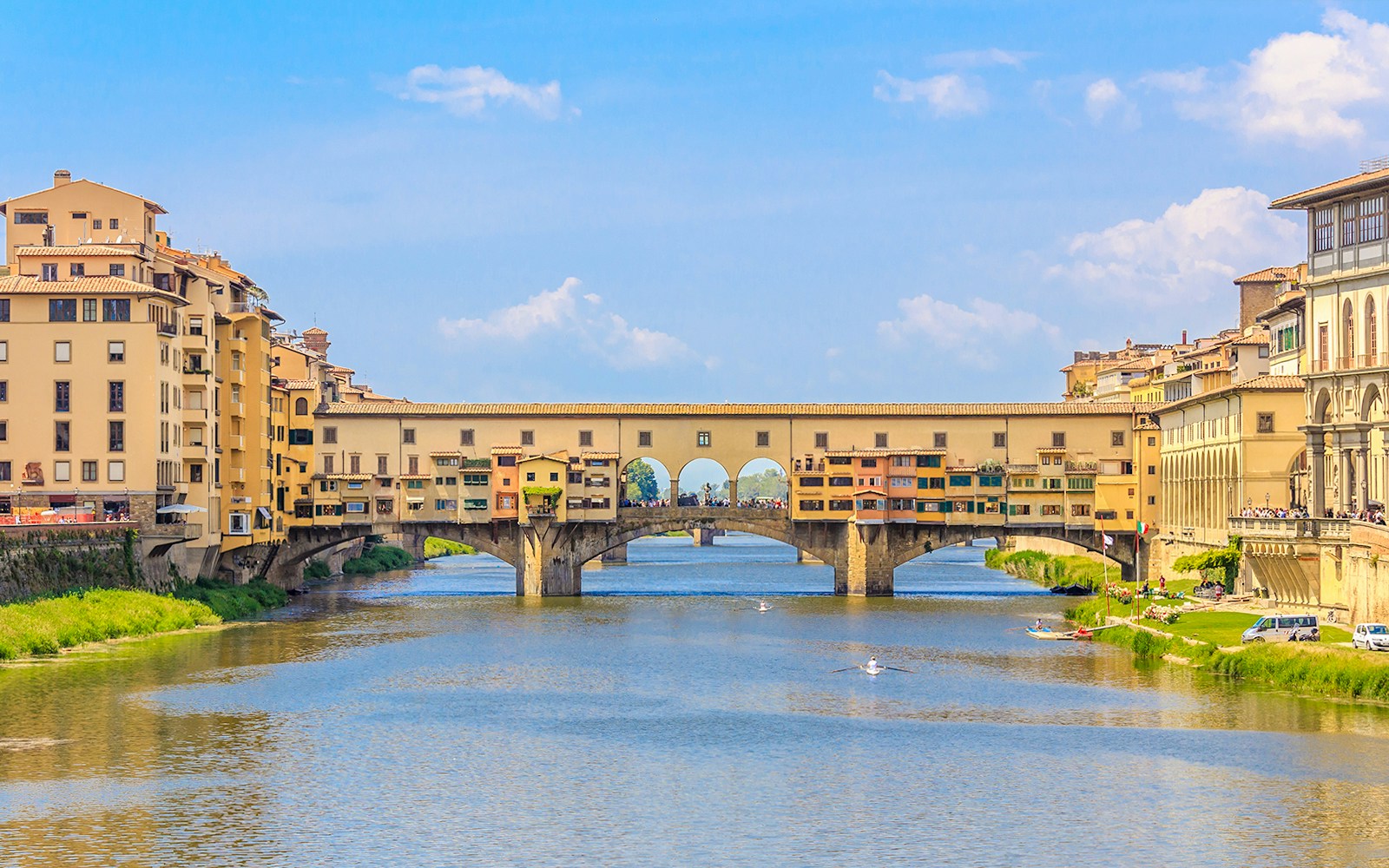 Ponte Vecchio and Vasari Corridor in Florence, Italy, overlooking the Arno River.