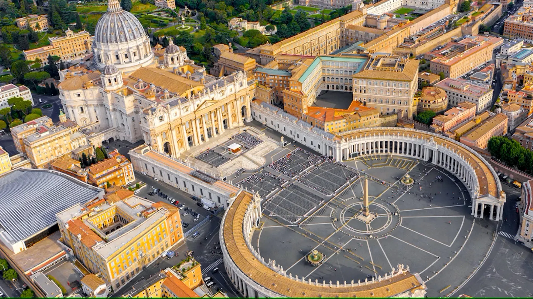 Aerial view of St. Peter's Square, Vatican City, showcasing the basilica and colonnades.