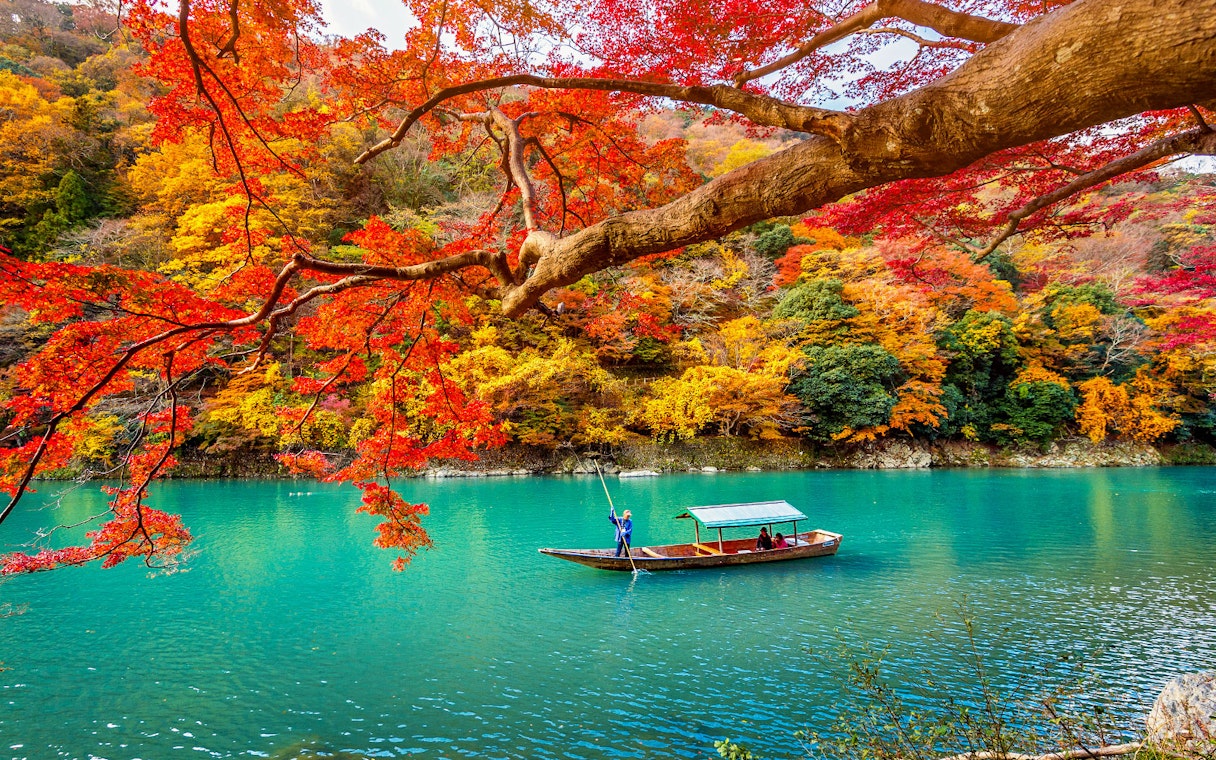 Boat on Oi River with autumn foliage in Arashiyama, Kyoto during guided tour from Osaka.