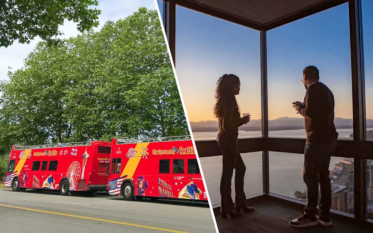 Seattle hop-on hop-off bus and Sky View Observatory sunset view.