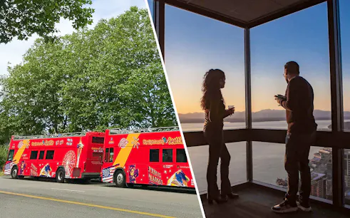 Seattle hop-on hop-off bus and Sky View Observatory sunset view.