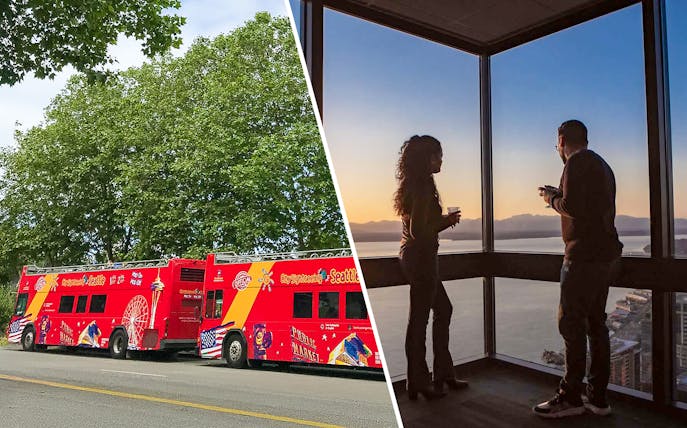 Seattle hop-on hop-off bus and Sky View Observatory sunset view.