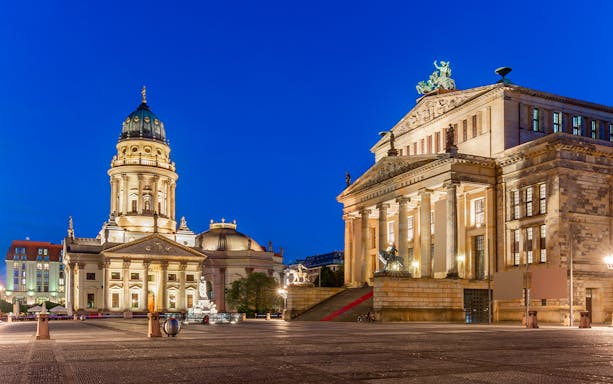 Gendarmenmarkt square with Konzerthaus and French Cathedral, Berlin evening tour.