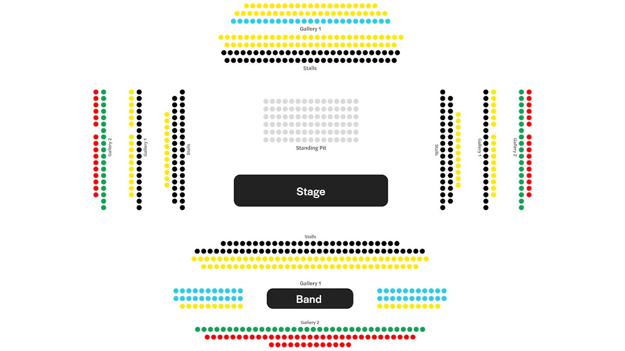 Seating layout of Bridge Theatre with stage, standing pit, and galleries.