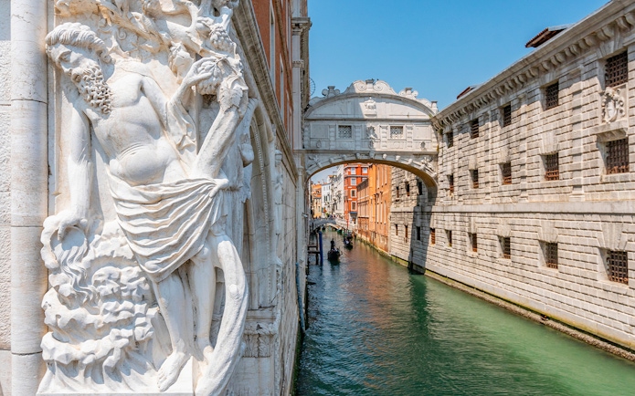 Bridge of Sighs over canal near Doge’s Palace Prisons, Venice.