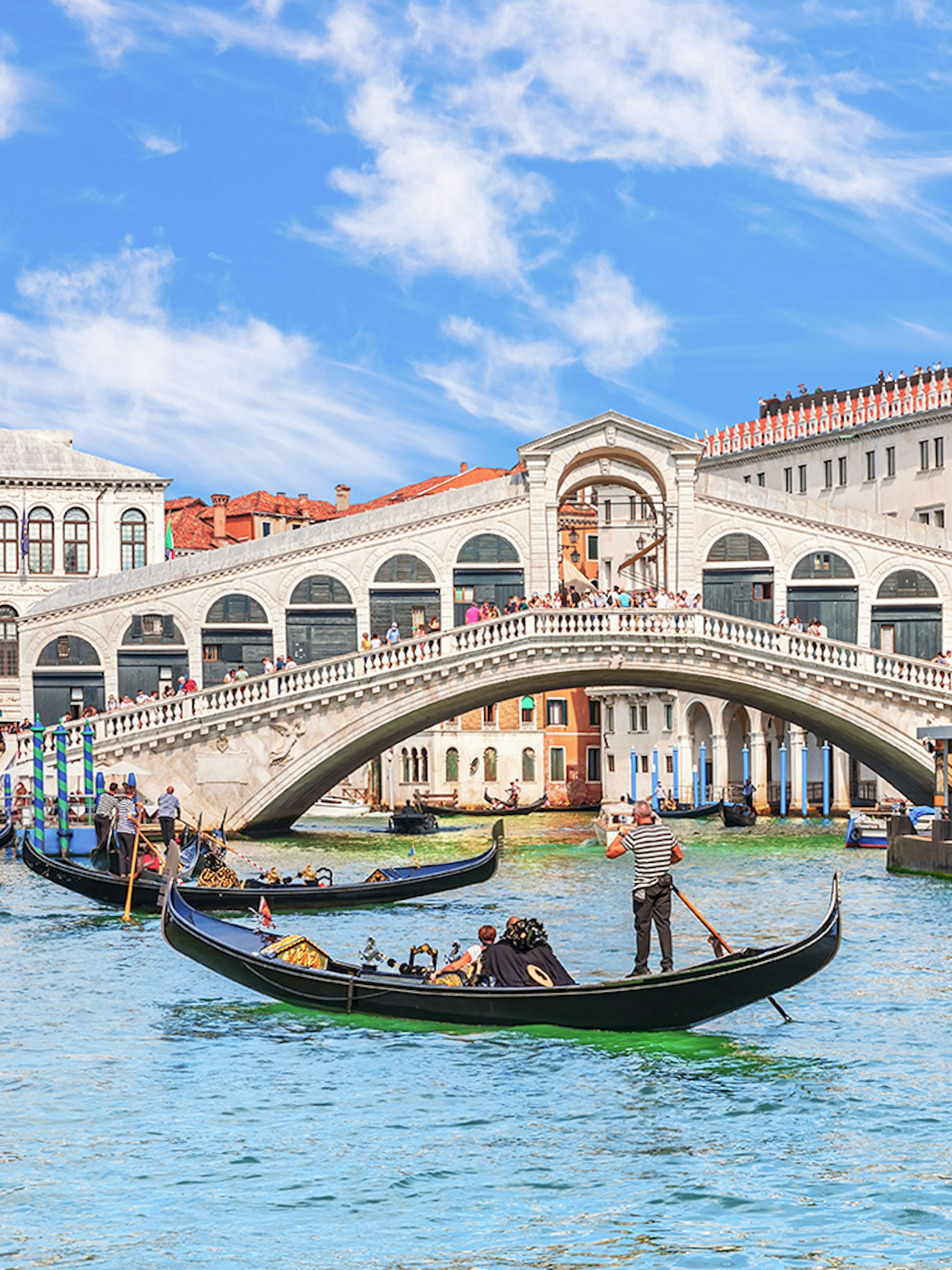 Gondolas on the Grand Canal near the Rialto Bridge in Venice.