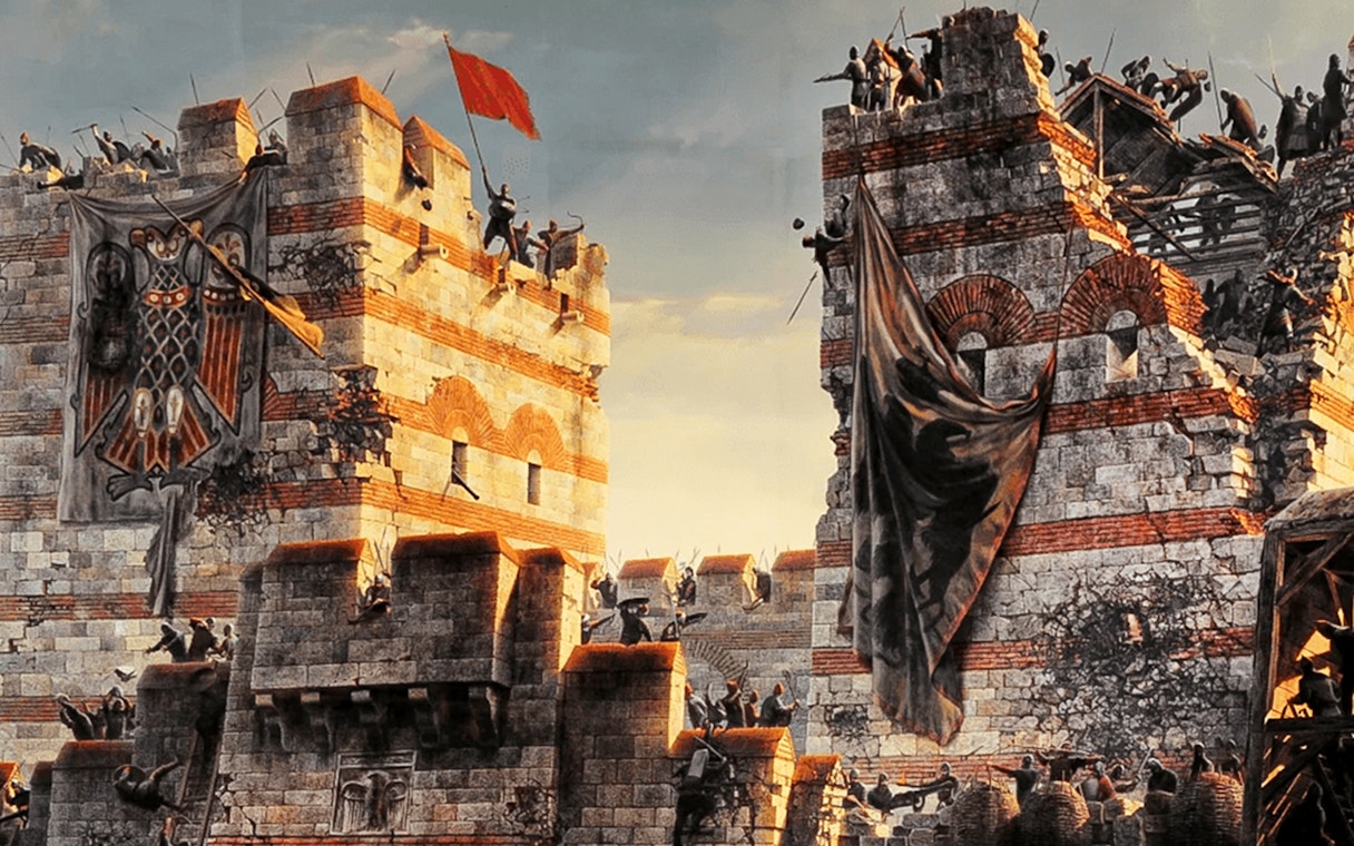 Siege scene at Istanbul Panorama 1453 History Museum, featuring soldiers on fortress walls.